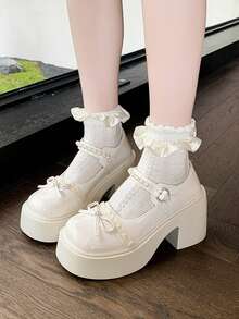 1 双纯色学院风可爱 PU 皮革蝴蝶结厚底牛津鞋，英伦时尚乐福鞋，适合户外、学校、节日、所有季节 - 米色 - 查看 2