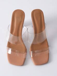 女士透明水晶粗跟高跟凉鞋，仙女风，独特个性化透明绑带派对鞋，PVC材质，圣诞冬季礼物 - 杏色 - 查看 3