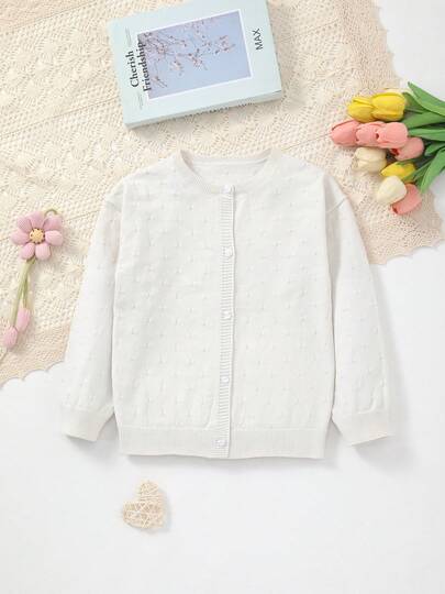 女童纯色薄款长袖蕾丝针织开衫，带纽扣，外套斗篷，春夏季