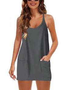 Women's Summer Sleeveless Mini Dress With Built-In Shorts - Dark Grey - View 8