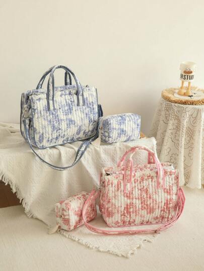 1pc Floral Quilted Mommy Bag, Handbag Shoulder Bag Tote Bag For Travel And Outdoor, Suitable For Mother & Baby