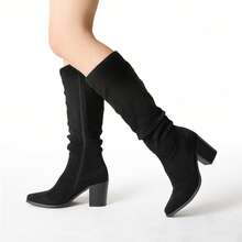 Women's Knee-High Boots, Comfortable Chunky Block Heel Pointed Toe Pull On Side Zipper Suede Slouch Riding Boots - Black - View 10