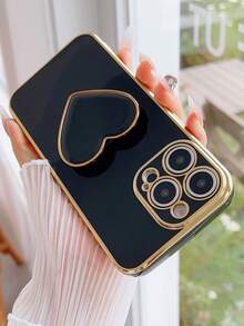 防震心形元素镀金心形支架和镀金手机壳，兼容 17/16e/15/14/13/12/11/XS/XR/X/7/8 Plus/Pro Max，Galaxy S25/S24U/S23/A55/A54/A35/A25/A17/A07/A16/A06，电镀保护壳，复活节春季礼物 - 黑色 - 查看 6