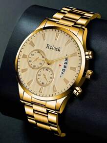 Conjunto de presente masculino de luxo com 4 peças: relógio de quartzo de aço inoxidável com calendário, visor preciso, colar com pingente, pulseira e anel, perfeito para uso profissional e casual - presente ideal