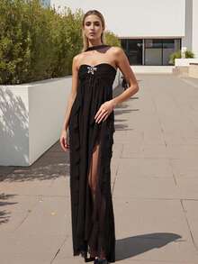 Women Summer Sleeveless Dress Irregular Ruffled Hem Backless Cocktail Party Dress For Beach Club Streetwear - Black - View 2