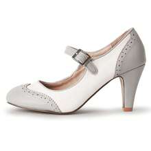 Women Mary Jane Pumps – Round Toe Retro Low Kitten Heels With Ankle Strap & Memory Foam Insole, Vintage 1950s Cone Heel Dress Shoes For Weddings, Bridesmaids, Date Night, Parties & Business Casual [Size Up Half Size] - 灰色和象牙色純素皮革 - 查看 2