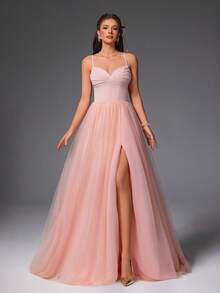 VIPGIRL 优雅粉色吊带薄纱礼服，高开衩设计，女士舞会礼服，长款正式礼服，婚礼宾客礼服，公主风奢华晚礼服，派对礼服 - 粉色 - 查看 7