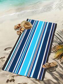 速干浅蓝色条纹沙滩巾 - 紧凑型涤纶混纺，非常适合泳池、露营和海滩郊游 - 大尺寸，易于携带，理想的旅行配件和礼物，游泳毛巾海滩必需品