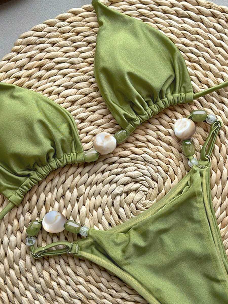 Swmmer Liket Women's Solid Color Halter Backless Beaded Bikini Set With Tie Back And High Stretch Fabric - màu xanh lá - Xem 1