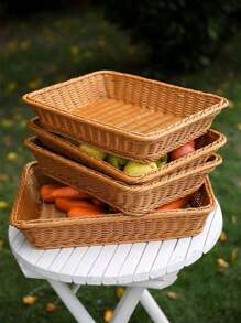 1pc Imitation Rattan Woven Bread Basket, Fruit Basket, Dessert Display Plate, Stackable Tray, Multi-Functional Storage Basket, Hand-Made Storage Basket, Woven Basket, Draining Basket