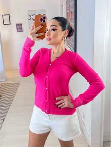 Plain Knit Coat With Elastane Buttons Beautiful Fashion Super Shipping! - Rosa vieja - Ver 2