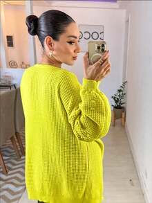 Kimono Knitted Cardigan With Pompon Detail On The Sleeve - Màu xanh chanh - Xem 3
