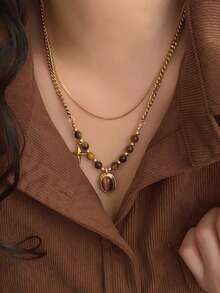 1 件虎眼石吊坠多层项链，适合女士，休闲百搭日间佩戴颈链 - 雙層皮質鏈條 - 查看 12