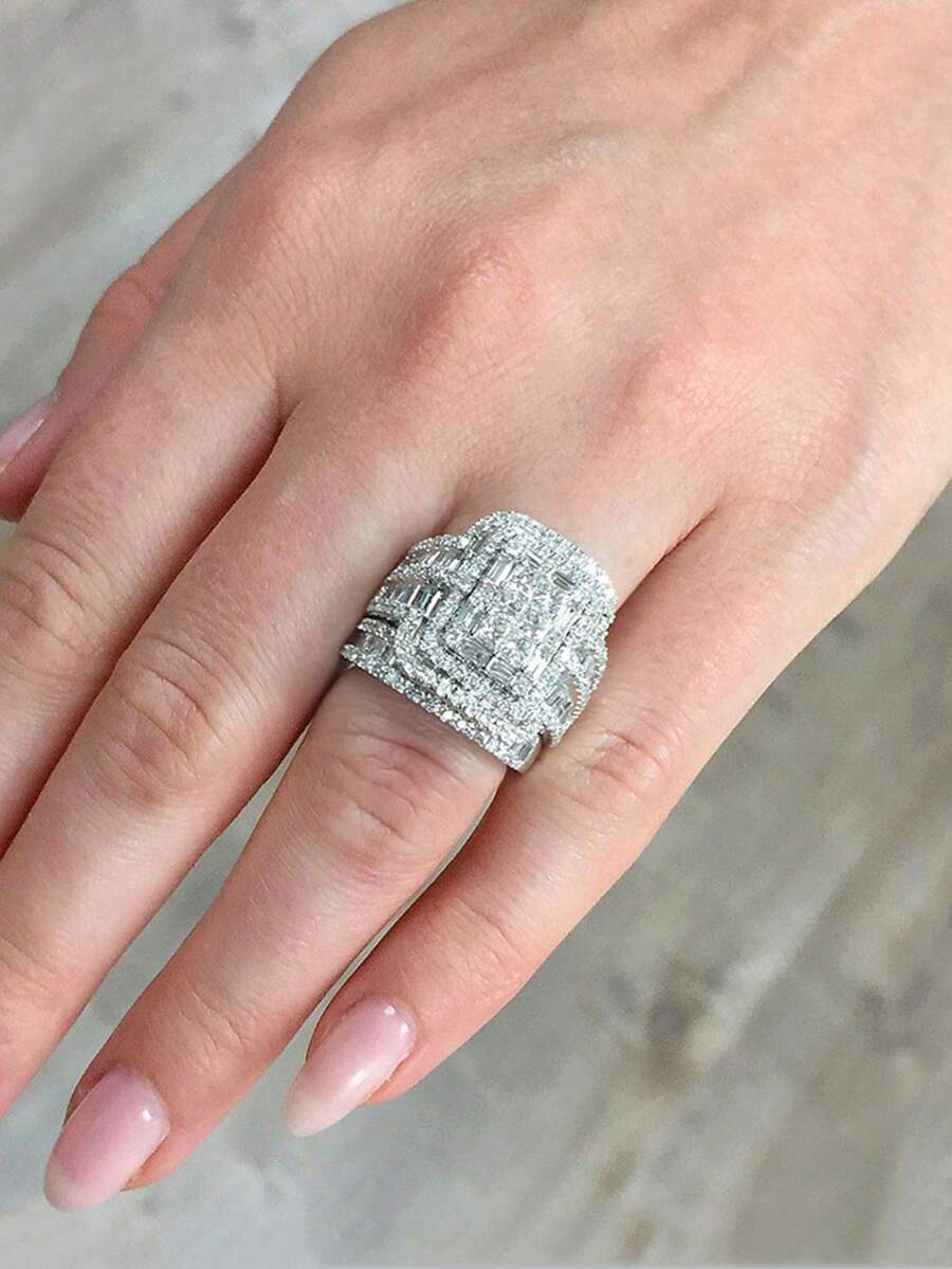 2 件套奢华夸张女士闪亮锆石戒指套装结婚戒指，情人节礼物，永恒珠宝 - 銀色 - 查看 1