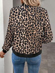 Keke Bloomly Women's Lightweight Long Sleeve Zip-Up Casual Leopard Print Baseball Jacket, Fashionable Regular Fit Spring - Rust Brown - View 3