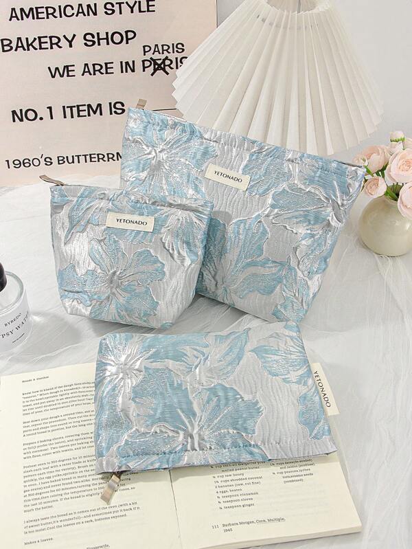 1 Pezzo Borsa cosmetica grande con motivo floreale blu, borsa trucco da donna, organizer cosmetici, borsa da bagno e doccia, portafoglio portatile, custodia per pennelli cosmetici con chiusura lampo per rossetti, pennelli, prodotti per la cura della pelle, telefono cellulare, monete, piccoli oggetti, per uso domestico, viaggi, vacanze e scuola, come regalo per damigelle, mamma, compleanno, amici e insegnanti, accessori da viaggio, vacanze estive, ritorno a scuola, borsa per la scuola, borsa da viaggio per donna, borsa trucco da viaggio