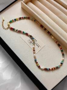 1pc Summer Vintage Fashion Boho Jewelry Colorful Natural Crystal Stone Beaded Necklace For Women
