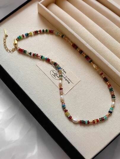 1 件夏季复古时尚波西米亚风珠宝彩色天然水晶石串珠项链女士