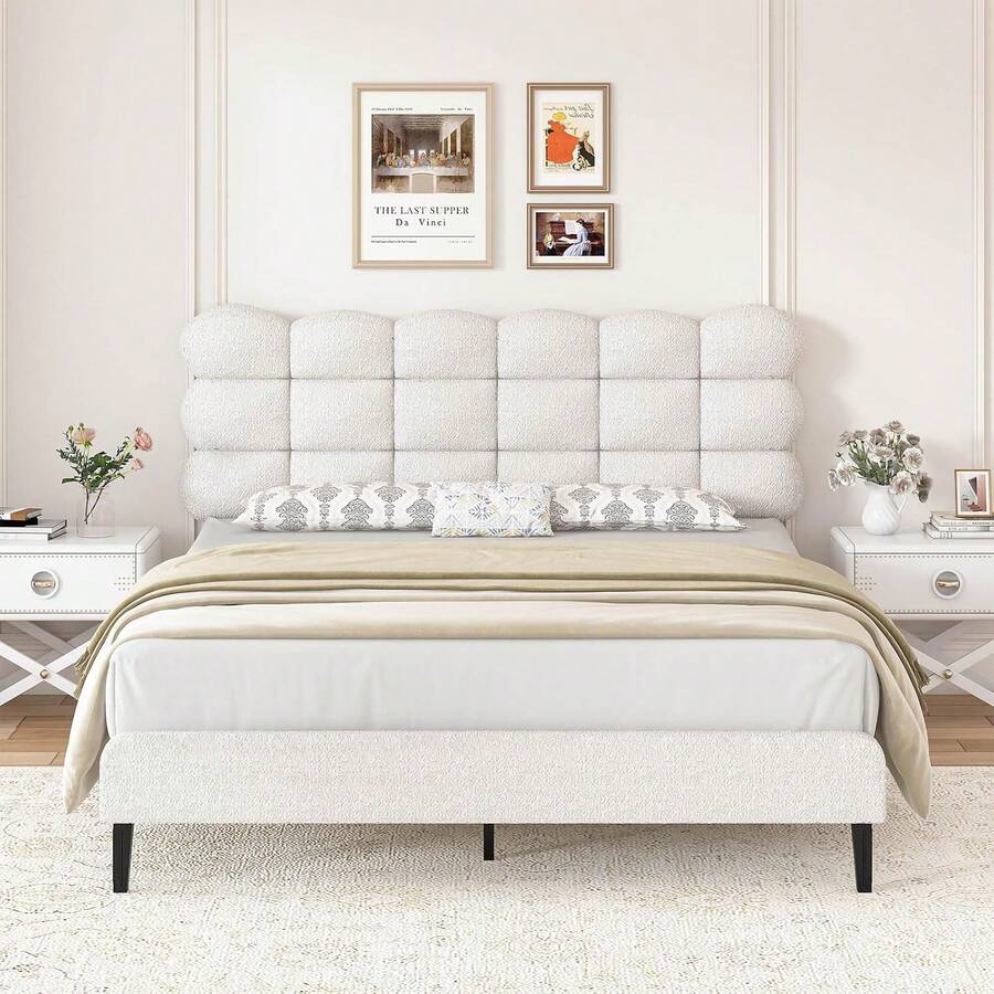 Twin/ Full/ Queen Size Bed Frame With Headboard, Upholstered Platform Bed Frame With Strong Wooden Slats Support, Two Bed Forms Design, No Boxing Spring Needed, Easy Assembly, Pink/ Rose Pink/ Beige/ Black/ Brown/ Green - Beige - View 1