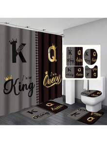 1pc/4pcs Crown Shower Curtain Sets With Rugs, King, Queen Shower Curtain Set With Rugs, Toilet Lid Cover And Bath Mat, Modern Bathroom Decor With Bath Mats And 12 Plastic Hooks Bathroom Accessories - Multicolor - View 1