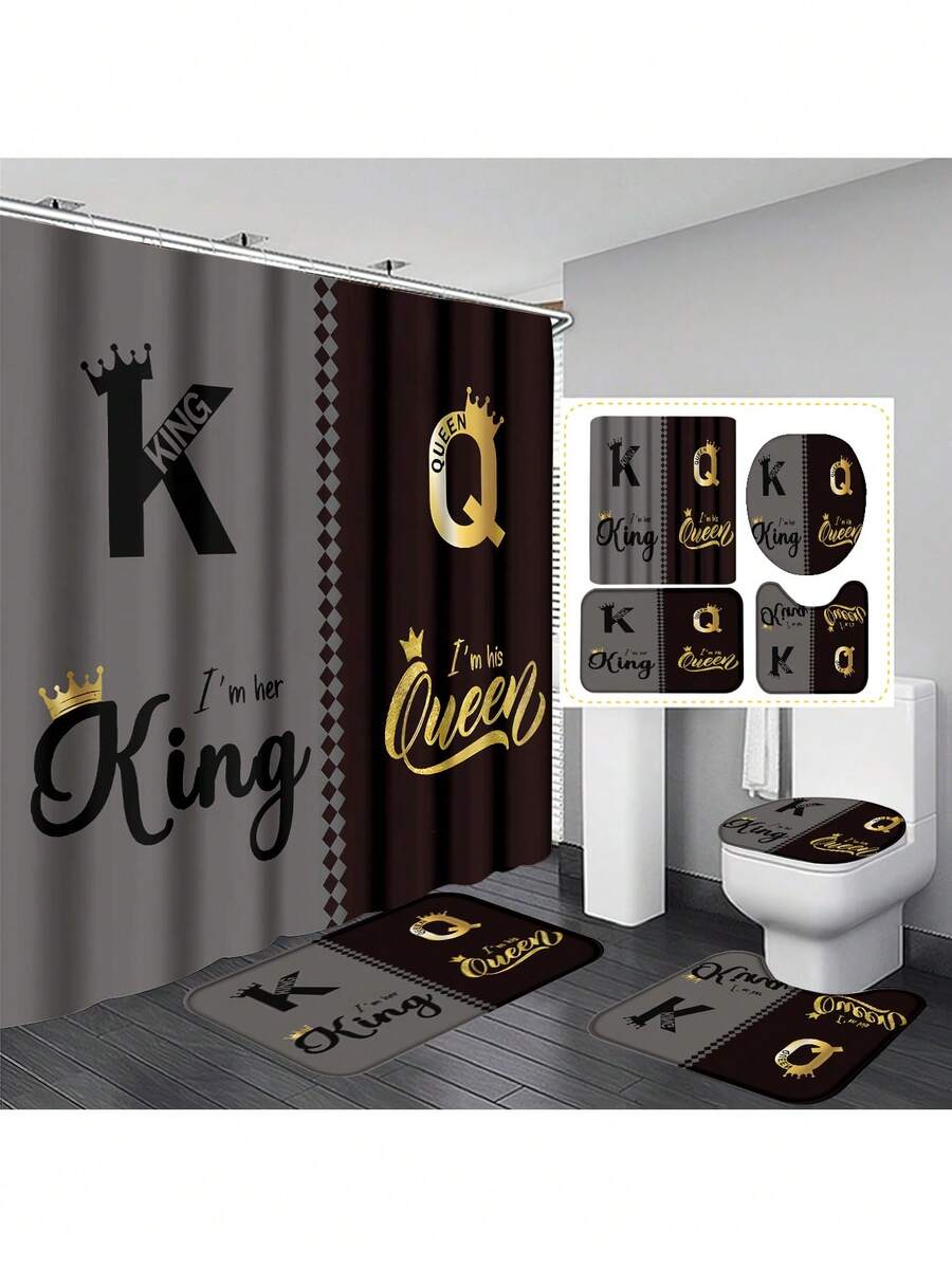 1pc/4pcs Crown Shower Curtain Sets With Rugs, King, Queen Shower Curtain Set With Rugs, Toilet Lid Cover And Bath Mat, Modern Bathroom Decor With Bath Mats And 12 Plastic Hooks Bathroom Accessories - Multicolor - View 1
