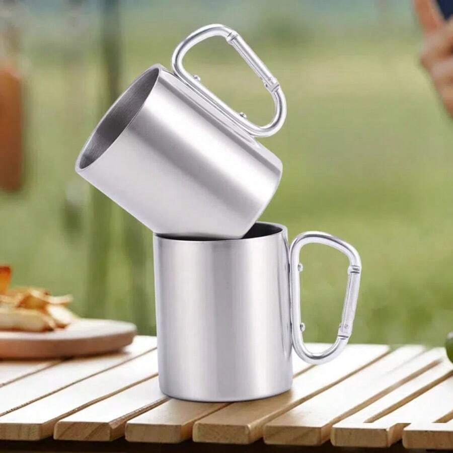 Stainless Steel Double-Layer Water Cup, Metal Coffee Mug, Outdoor Camping Hanging Cup, Mountaineering Carabiner Handle, 200ml/300ml Options, Suitable For Outdoor Camping, Picnics And Outdoor Adventures - Silver - View 1