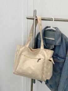 Bolsa de ombro grande com vários bolsos, cor lisa, moderna, minimalista, casual, para viagem, escola, compras