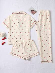 3pcs/Set Bubble Textured Cherry Print Sleepwear Set For Women - Short Sleeve Button Collar Top And Shorts And Pants