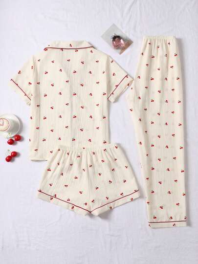 Bubble Textured Cherry Print Sleepwear Set Women Short Sleeve Button Collar Top Shorts Pants view 2