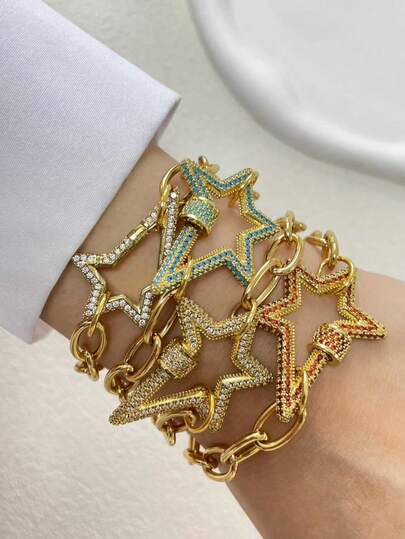 STYLEVER 1 PC Gold Five Pointed Starburst Bracelet, Set With Diamonds, Stainless Steel Chain, Suitable For Holiday Gifts, Exquisite Matching