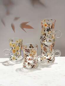 3件套茶杯碟套装，包含2个玻璃杯和1个不锈钢托盘，土耳其咖啡杯带花纹手柄，适用于盛装水、牛奶、红茶，可用于厨房、餐厅、派对、节日、宴会、招待客人、家庭餐具等场合。 - 彩色 - 查看 3