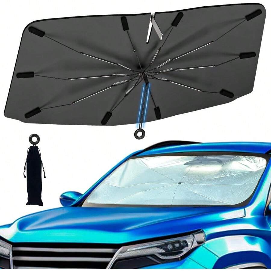 SKKREWindshield Sun Shade With 360 Pull Cord AntiScratch Handle Upgraded Sunshade For Car Windshield With DoubleLayer Fabric Car Umbrella Front Sun Shades Cover For Most Vehicles5g4s - Grey(PullCordHandle) - View 1