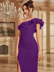 高开衩婚礼派对宾客礼服，串珠露背荷叶边修身连衣裙，春夏款，优雅 - 紫色 - 查看 4