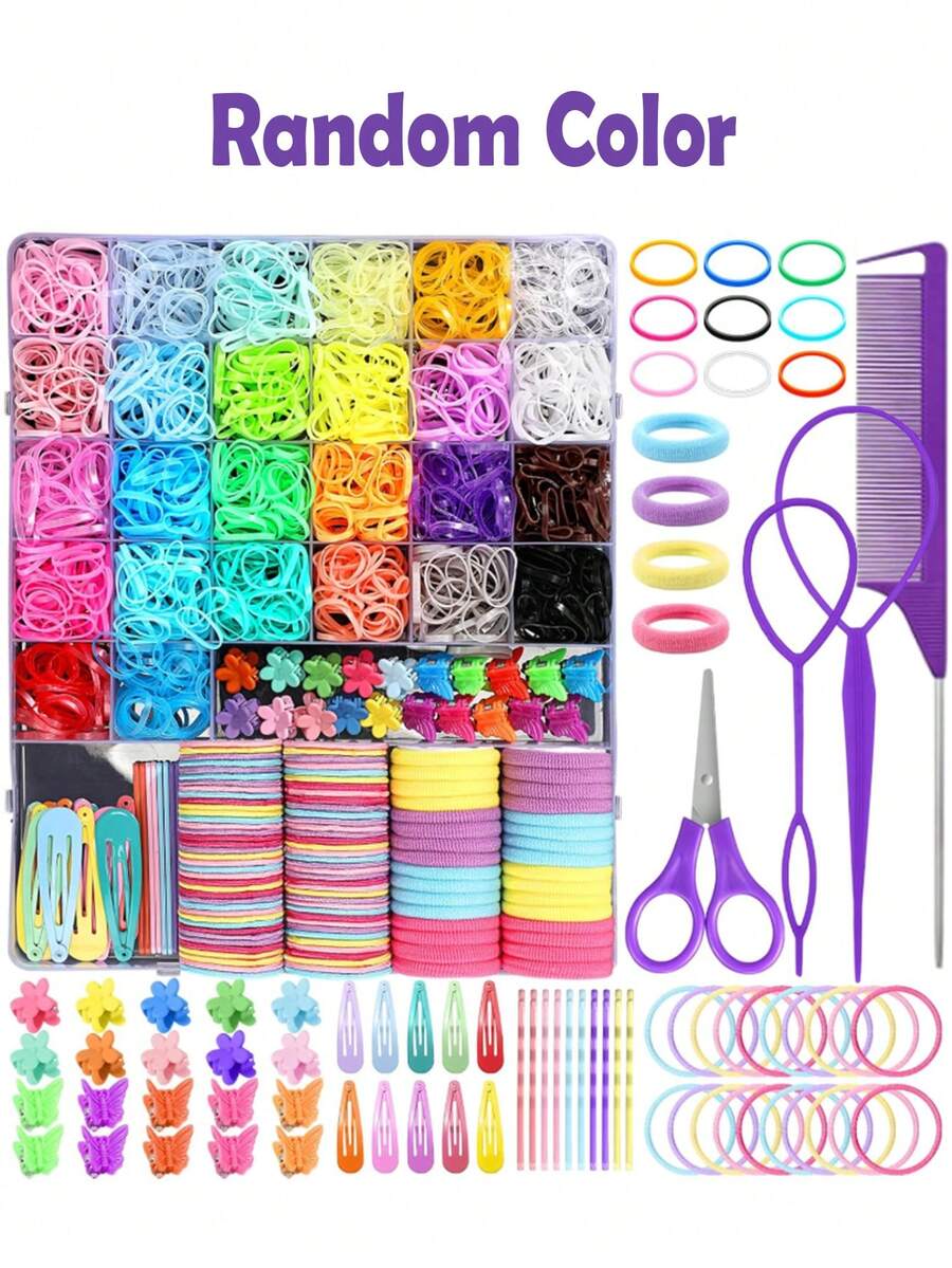 1194个/包 随机颜色弹力发圈，迷你橡皮筋发带，柔软小女孩发圈，带发夹和尾巴工具，女孩、婴儿、儿童、幼儿发饰套装 - 彩色 - 查看 1