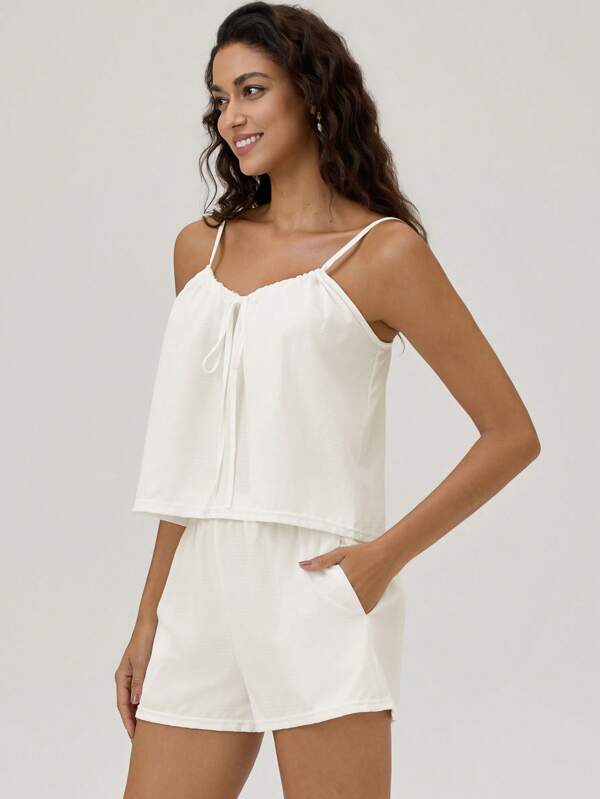 Women's Lightweight White Cami Top & Shorts Homewear Pajama Set, Casual, Loose, Breathable, Elegant, Versatile, Lounge Outfit