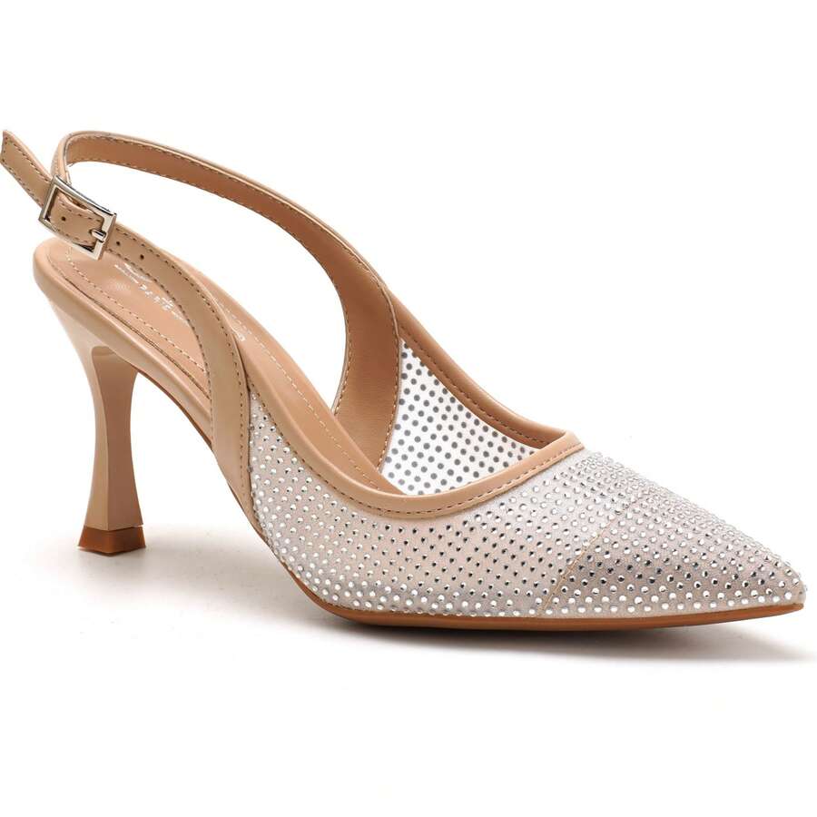 Women's Pointed-Toe Slingback Heels With Rhinestone Mesh And Adjustable Strap - Beige - View 1