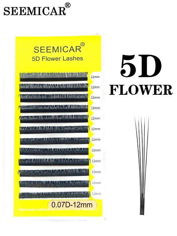 SEEMICAR 5D Blumen-Wimpern, leicht fächerförmige Wimpernverlängerungen mit voluminösem Effekt, professionell für den Salon geeignet, 12 Reihen, C 0,07 Stärke, Falsche Wimpern-Einzelverlängerung, natürliche Wimpernverlängerung, Make-up-Zubehör mit Mesh-Netz und Kreuz-Wimpern