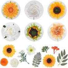 Artificial Flowers Combo, Champagne Silk Roses, Peonies, Dahlias With Stems For DIY Wedding Bouquets, Baby Shower, Table Centerpieces, Home Decor, Fake Floral Arrangements, Party Decorations - Yellow&white - 查看 2