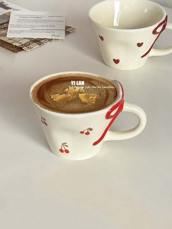 1 pieza Taza con lazo asimétrica de 300ml de color subvidreo, taza de cerámica con estampado de flor de cerezo y mariposa de estilo vintage francés y femenino, apta para todas las estaciones, regalo festivo, taza de café/té