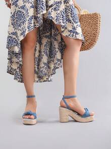 Rope Platform Wedge Heeled Sandals, Twist Open Toe, Summer Vacation Casual High Heel Waterproof Slip-On Slides, Daily Fashion Women Shoes - Blue - View 10