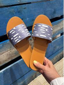 Women's Letter Pattern Casual Flat Slide Sandals - Bleu - View 3