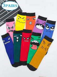 3 Pairs Random Color Block Funny Expression Street Fashion Mid-Calf Socks For Women, Style For Students And Couples