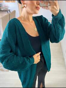 Kimono Knitted Cardigan With Pompon Detail On The Sleeve - Màu xanh lá cây đậm - Xem 4
