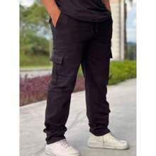 Men's Straight Leg Loose Cargo Pants, Casual Urban Style, Black With Multi-Pocket Design