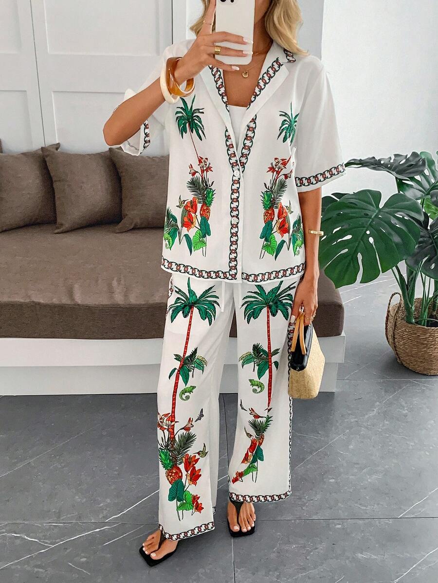Ensemble de chemise et pantalon imprimé, style de loisirs, de plage et de vacances pour femmes Unadoll - Blanc - Voir 1