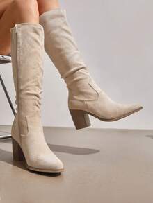 Women's Knee-High Boots, Comfortable Chunky Block Heel Pointed Toe Pull On Side Zipper Suede Slouch Riding Boots - Beige - View 3