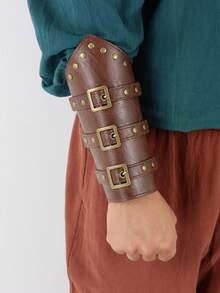 2pcs Medieval Renaissance Style Faux Leather Bracers, Vintage Viking Style Arm Guards With Adjustable Buckles, LARP Costume Props - A - View 6