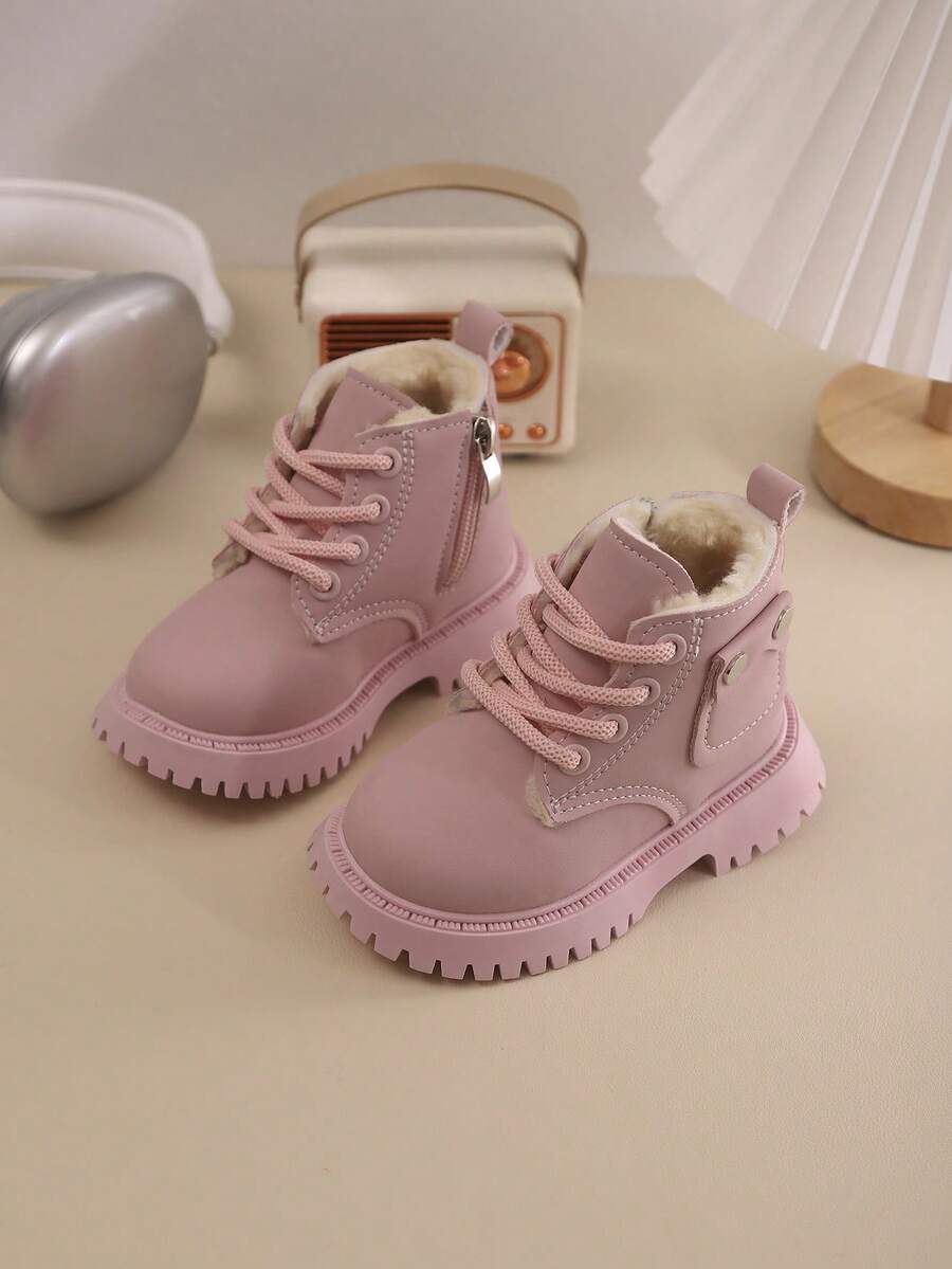 男女儿童雪地靴，秋冬新款，带拉链，厚实保暖，轻便时尚户外雪地靴 - 粉色 - 查看 1