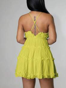 Women's Sexy Backless Sundress - V-Neck Slip Dress With Flutter Hem & Thin Straps, Minimalist Summer Dress For Beach & Date Nights - Yellow - View 4