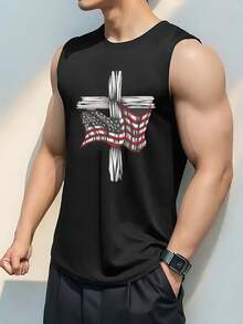 1pcs American Flag Printed Men's Tank Tops Patriotic Men's Casual Tank Tops 100% Pure Cotton For Summer  Casual Wear - Black - View 2